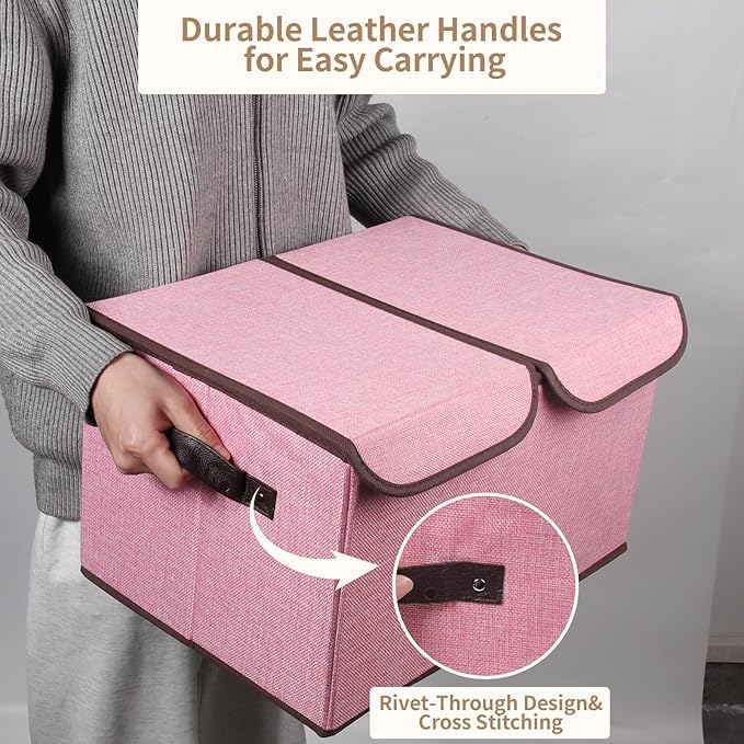 Foldable Fabric Storage Box, 16.5 x 11.8 x 9.8 inches (L x W x H), with Double-Lid & Dividers, Large Organizer for Home, Closet, Office(Pink, 4 Packs)