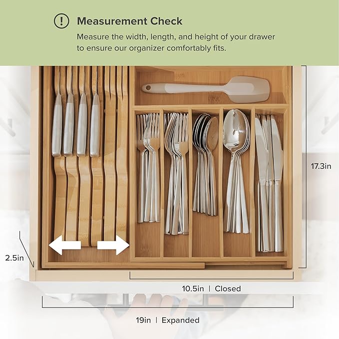 KitchenEdge Premium Silverware, Flatware and Utensil Organizer for Kitchen Drawers, Food-Safe Contract Grade, Expandable from 10.5 to 19 In, Natural Bamboo