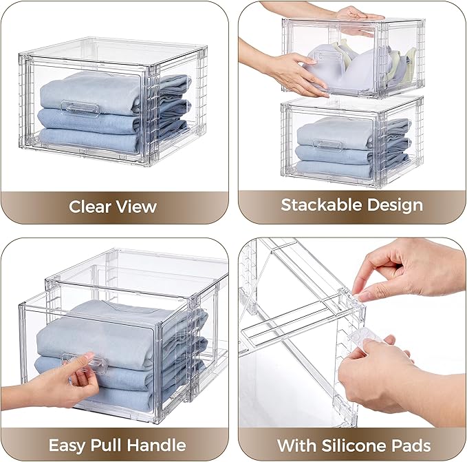 4 Pack 18QT Clear Stackable Storage Drawers, Easily Assemble Closet Organizers