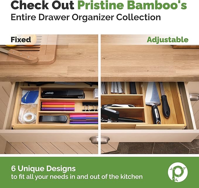 Pristine Bamboo Silverware Organizer - Expandable Kitchen Drawer Organizer - Adjustable Kitchen Drawer Organizer for Utensils, Expandable to 22 Inches Wide, 10 Compartments, Silverware Tray for Drawer