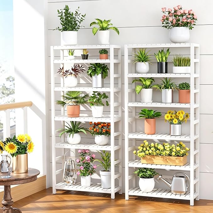 VASMIA 6-Tier Bamboo Shelf,Bamboo Storage Shelving Unit,Tall Bookcase with Adjustable Shelves,Multipurpose Storage Display Shelf for Bathroom, Living Room, Balcony, Kitchen,White