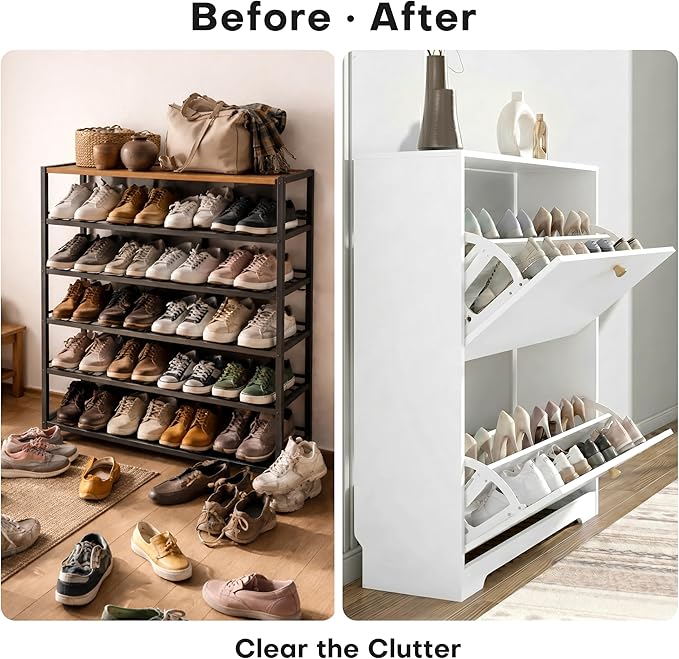 Nicetree Shoe Cabinet with 2 Flip Drawers, Narrow Shoe Organizer Cabinet, Freestanding Shoe Rack Cabinet, Modern Shoe Storage Cabinet for Entryway, Hallway, Foyer, White with Hook