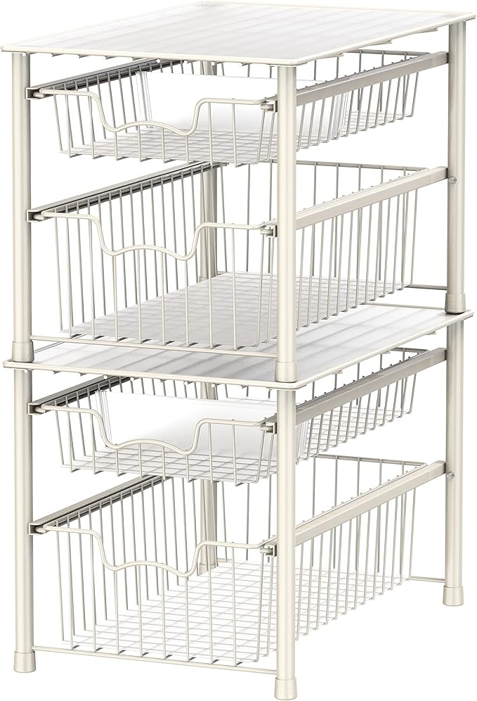 Simple Houseware Stackable Sliding Basket Organizer Drawer, White, 2-Tier