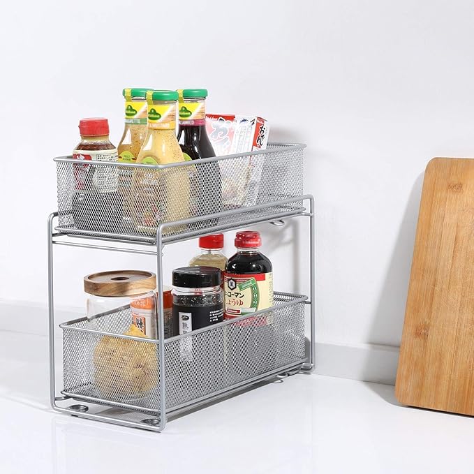 2 Tier Sliding Basket Stackable Cabinet Pull-Out Drawer Mesh Organizer