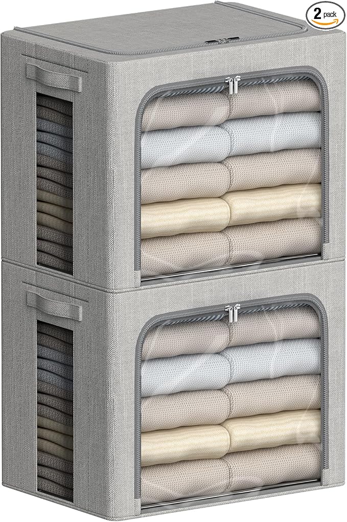 FHSQX 2 Pack Clear Window Storage Bins - Large Stackable Linen Fabric Storage for Clothes Foldable Container Organizer Set with Carrying Handles (Light Gray, 16.5x 12.2x 12.2Inch)