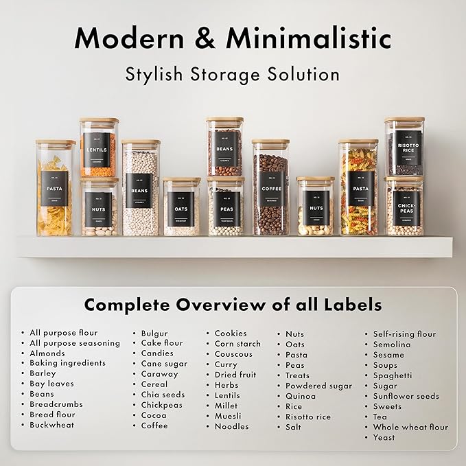 EDELHAUS Square Glass Storage Containers with Bamboo Lids 12-Pack (4x 30 oz, 8x 17 oz) Airtight Glass Storage Jars with Lids for Food, Stackable Glass Kitchen Canisters with 114 Labels for Pantry