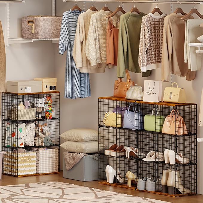 6-Cube Tall Closet Organizer Storage Wire Basket Shelf with Wood Top for Wardrobe Bedroom Closet Systeem, Stackable Sturdy Space-saving Clothing Shelves for Clothes, Sweaters, Pants, Handbags, Shoes