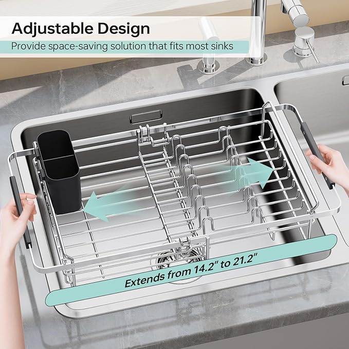 Urackify Dish Drying Rack in Sink - Stainless Steel Expandable (14.5''-18''L) Over The Sink Dish Rack with Utensil Holder, Space-Saving Dish Drainer for Kitchen Counter, Silver