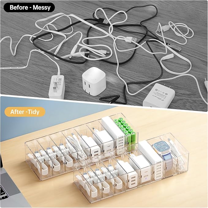 FRETONBA 2 Pack Cable Storage Organizer Box with 8 Compartments and 14 Wire Ties, Stackable Charger Organizer, Clear Cord organizer for Drawer, Adjustable Divider Cord Management Box