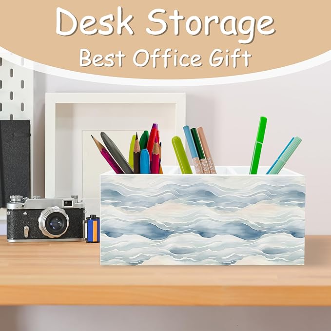Ocean Waves Beach Pen Pencil Holder Organizer for Desk, Watercolor Coastal Beach Wooden Box Block Sign for Home Office Tabletop Decor