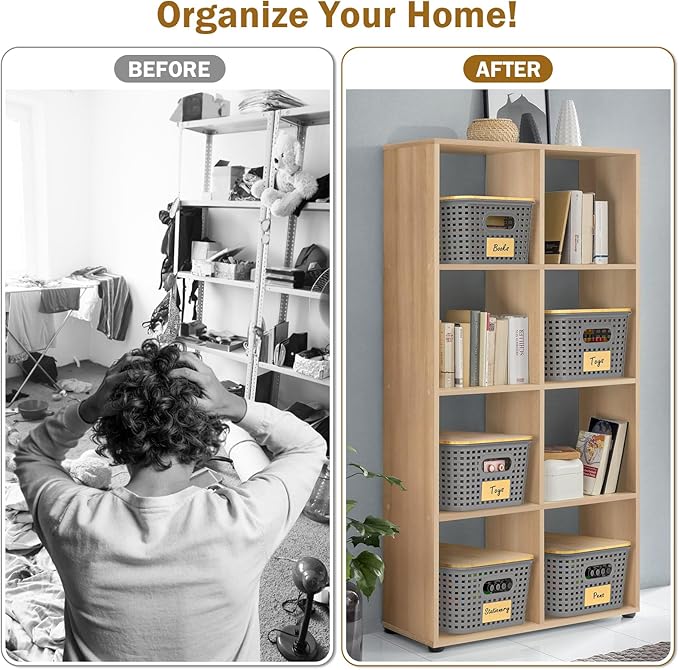 Stackable Storage Basket: Plastic Baskets Bins, Baskets for Organizing, Pantry Decorative Containers for Closets, Cabinets, Shelves(8 Pack, Grey)