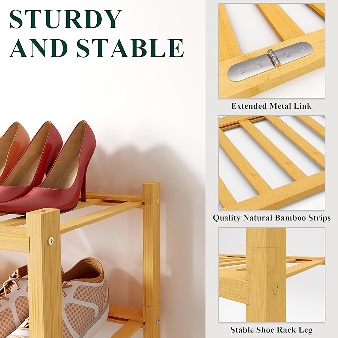 Smiry Bamboo Shoe Rack for Closet, 5 Tier Wooden Shoe Organizer, Stackable Wood Shoe Storage Shelf for Entryway, 14 Vertical Slats, 2+3 Stack Heavy-Duty Legs, 26.77"x11.02"x31.3", Natural