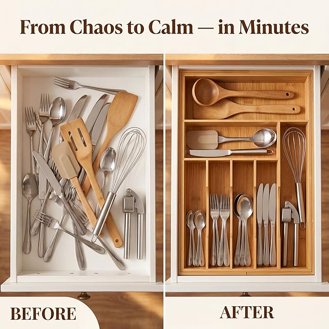 Liviys Cutlery Drawer Organizer for Kitchen Utensils, 13-20 Inches Expandable Bamboo Utensil Tray, Large Wooden Silverware Organizer Insert for Kitchen Drawers