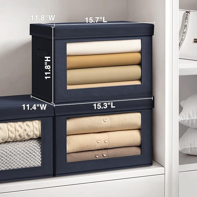 Stackable Storage Bins with Lids, Large Decorative Basket with Lids, Navy Blue