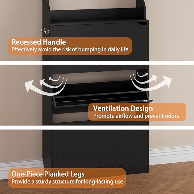 Shoe Storage Cabinet, Wood Shoe Organizer for Entryway with 3 Flip Drawers, Freestanding Shoe Rack with Adjustable Shelf, Narrow Shoe Dresser for Front Door Entrance(Black, 78.74" x 31.5" x 9.37")