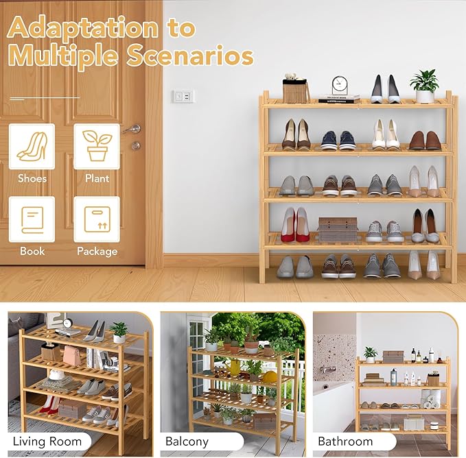 Haddockway 4 Tier Bamboo Shoe Rack Storage Organizer, Multifunctional Free Standing Stackable Shoe Shelf with Grid Panel for Closet,Hallway,Entryway,Small Space 27"x11"x26"
