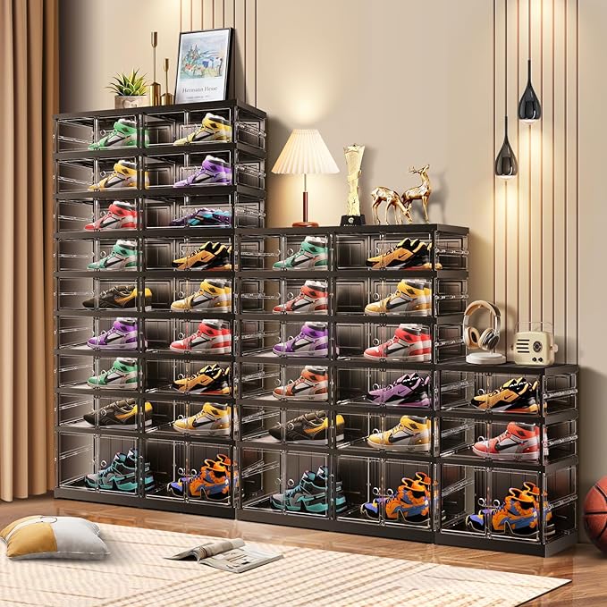 CIMLORD 6-Tier Foldable Shoe Rack for Closet Entryway 12-24Pairs,Stackable Clear Shoe Storage Boxes Organizer with Door Plastic Shoe Cabinet Bins with Lids Shoes Shelf Easy Assembly Large Black