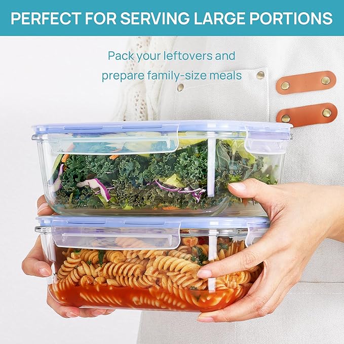 Vtopmart 2Pack 1860ml/63oz Large Glass Storage Containers with Lids, Meal Prep Food Container Set with Snap Airtight Lid for Baking, Microwave, Oven, Leak Proof, for Freezer, Dishwasher, Blue