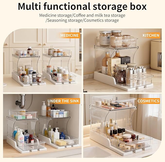 Jsyrjing Pull Out 2 Tier Under Sink Organizer Clear Cabinet Organizer for Kitchen Bathroom Storage Rotating Pantry Rack for Spice Organization and Makeup Organizer for Drawer Durable Design 2 Pack