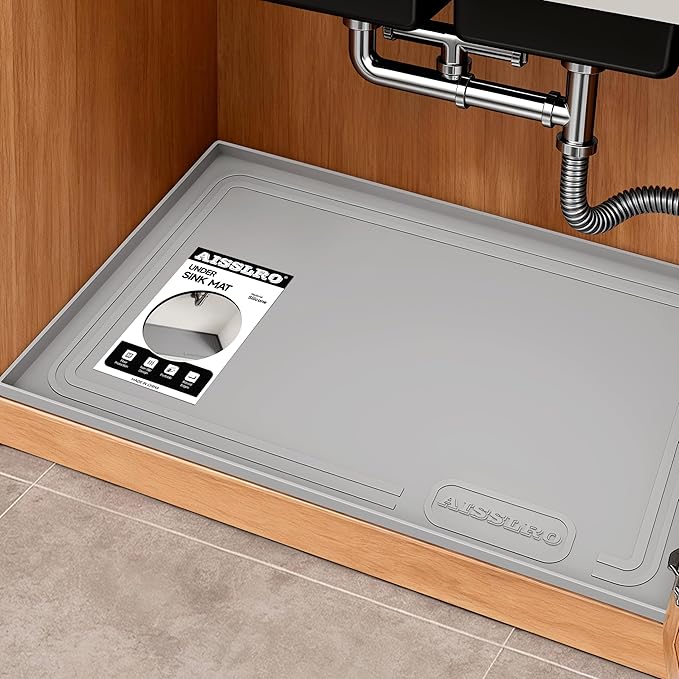 Aisslro Under Sink Mat 25" X 19", Waterproof Silicone Under Sink Mats for Kitchen, Anti-Leak Shelf Liner & Cabinet Protector with Raised Edge, [BPA Free] Bathroom Tray Home Organizer, Gray
