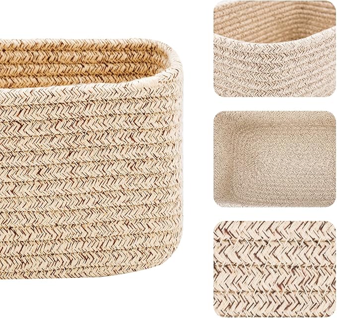 MiniArk Small Storage Baskets for Organizing | Closet Organizer Bins | Shelf Toy Basket | Woven Rope Baskets | Cube Decorative Box | Shallow Basket | 11.5x7.5x4.7” | 4 Packs Mixed Brown