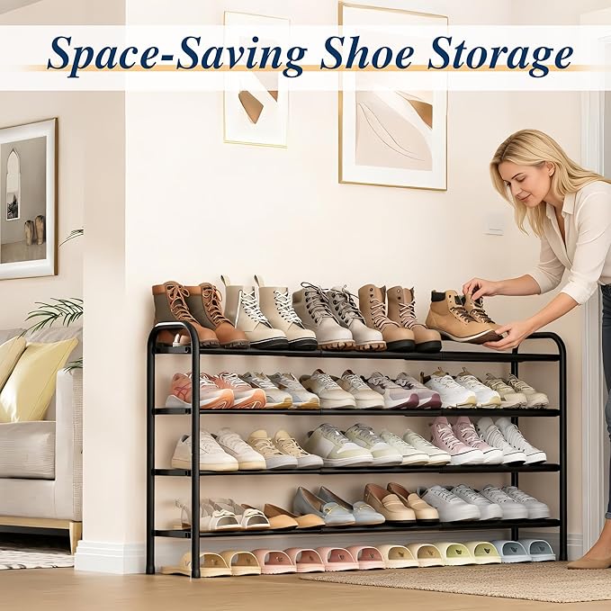 ENJOYBASICS 4 Tier Expandable Shoe Rack for Closet, Free Standing Metal Shoe Shelf Storage Organizer Holder 24 Pairs, Adjustable Width Shoe Rack for Entryway Small Space, Black