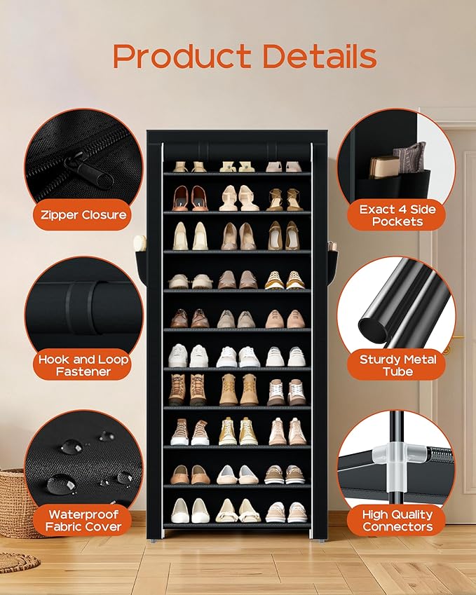 Shoe Rack with Covers, 10 Tiers Tall Shoe Rack Organizer, SRT103B01