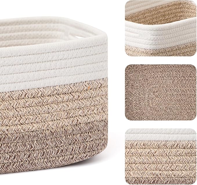 MiniArk Small Storage Baskets for Organizing | Closet Organizer Bins | Shelf Toy Basket | Woven Rope Baskets | Cube Decorative Box | Shallow Basket | 13x8.5x5.1” | 3 Packs Gradient Brown