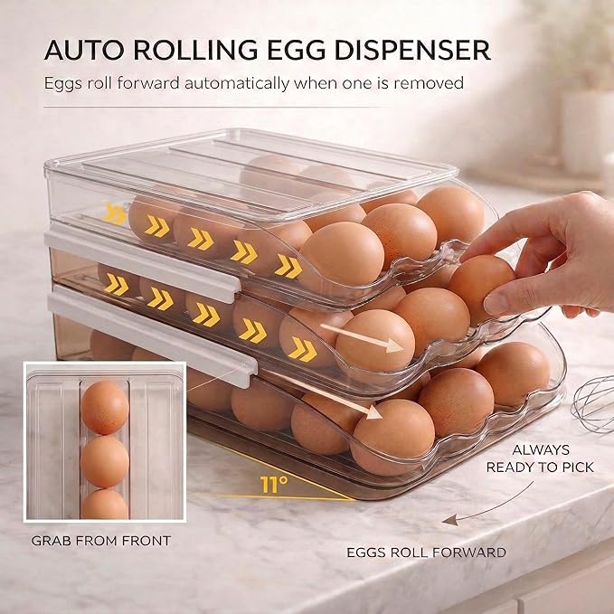 Egg Holder for Fridge with Rolling Auto Dispense, Egg Dispenser for Refrigerator, Stackable Egg Organizer for Refrigerator, Holds 54 Eggs, Clear Space Saving Storage Container for Kitchen Use