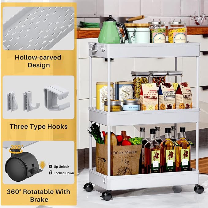 SPACEKEEPER Rolling Storage Cart 3 Tier Bathroom Cart Organizers with Wheels Laundry Room Organization Mobile Shelving Unit Utility Cart Storage Shelves Multi-Functional for Office, Home, Gray