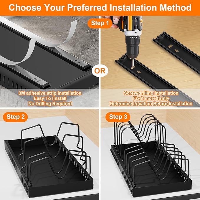FLSEPAMB Pots and Pans Organizer Sliding Pot and Pan Organizer in Kitchen, 1 Pack Cabinet Pull Out Shelves, for Pots, Lids and Pan Organizer with Two Types of Shelves