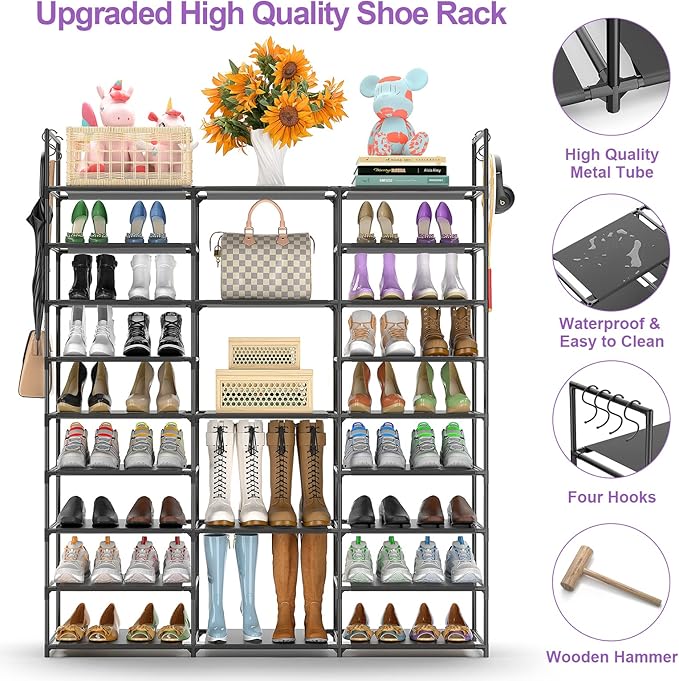 Kottwca Shoe Rack Organizer, Large Shoe Rack for Entryway Closet, Metal Shoe Shelf for Shoes and Boots, Big Non-Woven Fabric Shoe Storage Organizer with Hooks for Cloakroom, Black…
