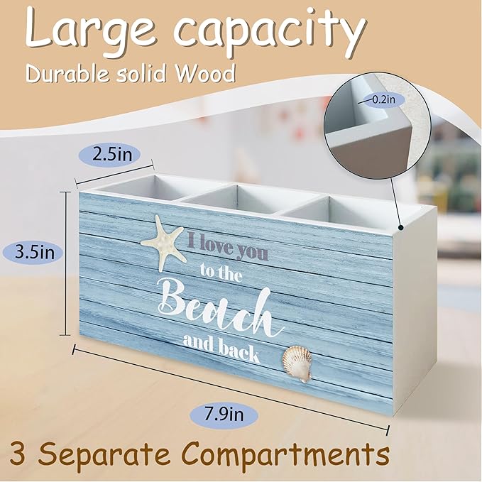 Beach Pen Holder for Home Office Kitchen Desk Decor, I Love You to the Beach and Back Wooden Pencil Holder Sign Organizer for Home Office Desk Accessories, Coastal Gifts for Women Men