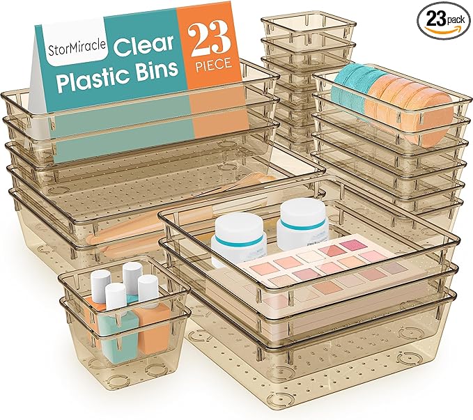 StorMiracle 23 PCS Drawer Organizer Set, 5 Varied Size Bathroom and kitchen Drawer cabinet organizer Trays, Clear Storage Bins for Makeup, Jewelry, Utensils and Gadgets, Champagne
