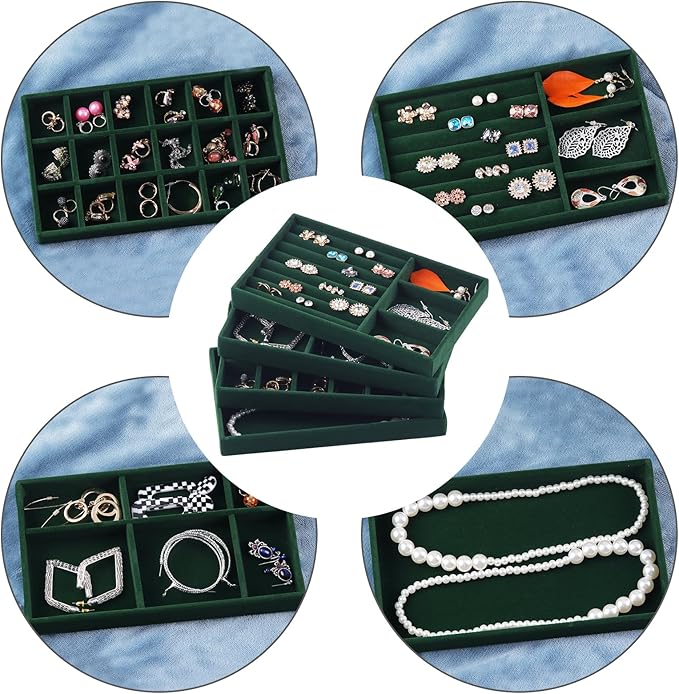 Set of 8 Stackable Jewelry Organizer Stackable Trays for Drawers,Jewelry Drawer Inserts Container Display Case Storage for Earring Necklace Rings Bracelet with Removable Dividers-Green