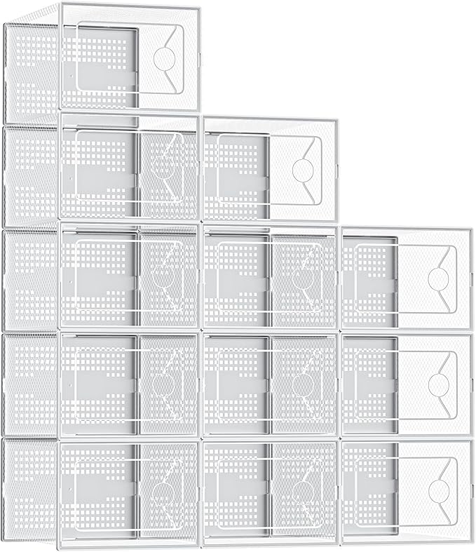 DUMOS Shoe Storage Boxes, 12-Pack Stackable Clear Shoe Containers with Lids, Display Sneaker Case Organizer for Closet, Under Bed, Entryway,White (Fit Size 9)
