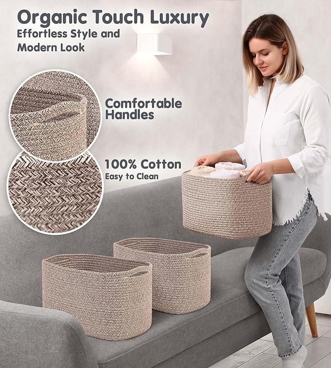 CHAT BLANC Cotton Rope Baskets for Organizing, Shelves, Toys, Storage, Shoe, Bathroom, Laundry, Towel, Nursery, Home Decor, Blanket, Cloth Woven Bins Fabric (Brown, 15"x10"x9")