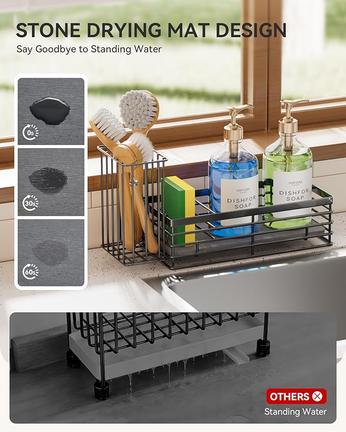Sponge Holder for Kitchen Sink, Sink Caddy Organizer with Stone Drying Mat