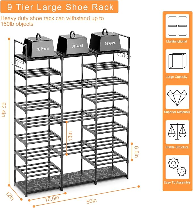 Kottwca 9-Tier Metal Shoe Rack Organizer for 50-55 Pairs - Space Saving Shoe Storage Shelf for Entryway, Closet, Bedroom, Hallway