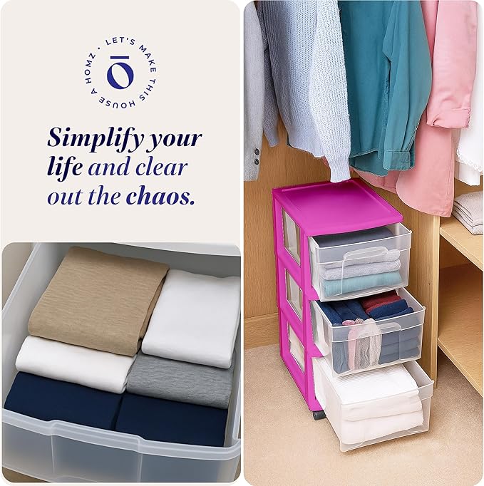Drawer Tower, 3-Tier Clear Plastic Storage Organizer Cart, Purple Frame
