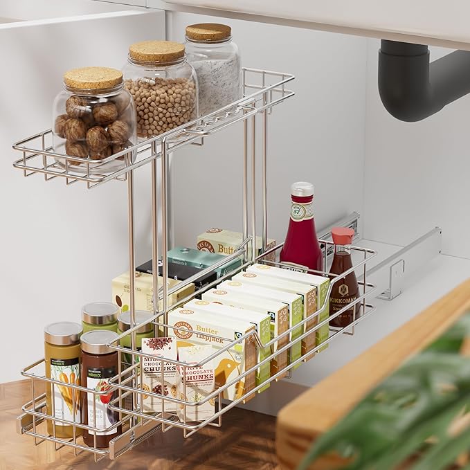 2 Tier Under Sink Organizer 11" W X18 D, Pull Out Cabinet Organizer One Removable Basket, Under Sink Slide Out Chrome Plated, Under Kitchen Bathroom Sink Organizer, 2 Pack