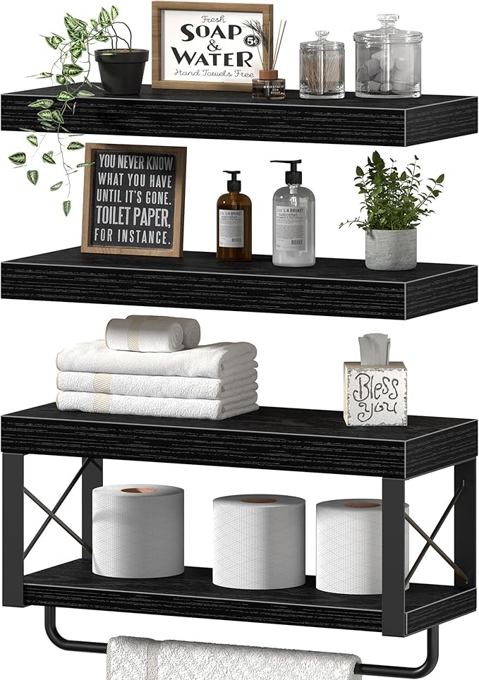 QEEIG Bathroom Shelves Over Toilet - Floating Shelf for Wall Toilet Paper Storage Farmhouse 16 inch Set of 3, Black (029-40B3)