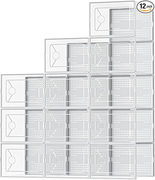 Shoe Storage Boxes, 12-Pack Clear Stackable Shoe Organizers with Lids, White