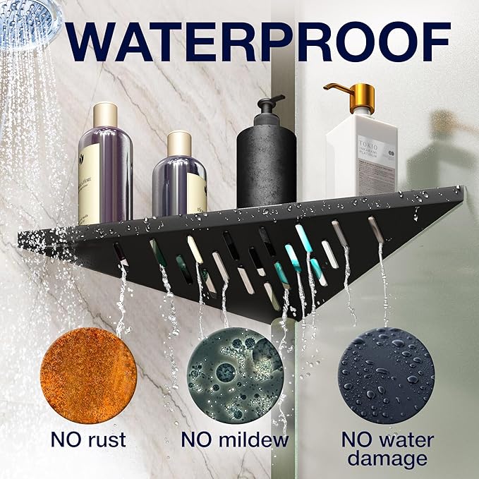 Corner Caddy Bathroom Shower Shelf - Adhesive / Drill / No Drill Shelves - 14" Strong Corner Black Floating Shower Shelves - Triangle Shelf Bathroom Shower for Inside Shower, Tiled Wall, Caddies