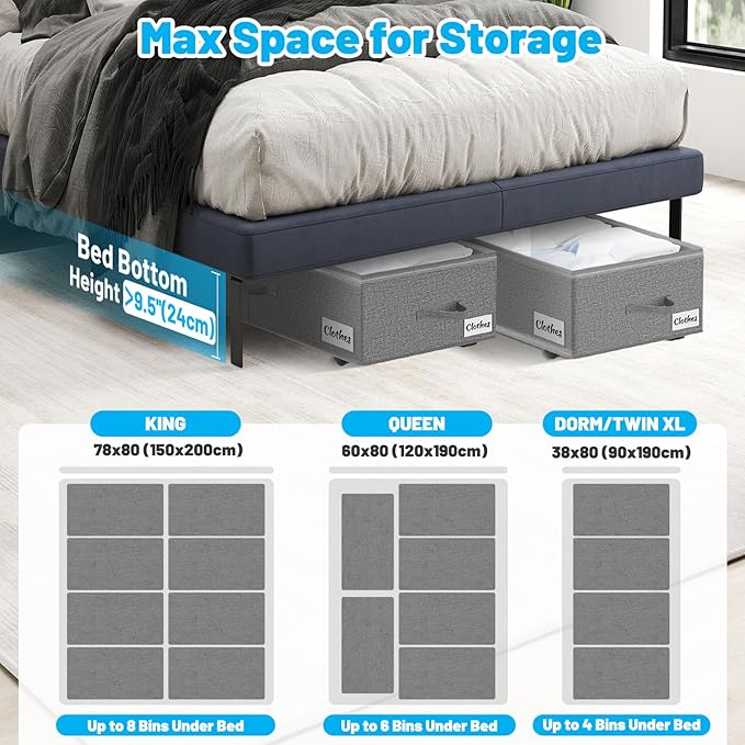 Under Bed Storage with Wheels, 2-Pack 10" Height XXL 75L Rolling Storage Bins, Quick Assembly Underbed Shoe Storage Containers with Clear Lid & Label, Dorm Under Bed Drawers for Clothes, Shoes, Grey
