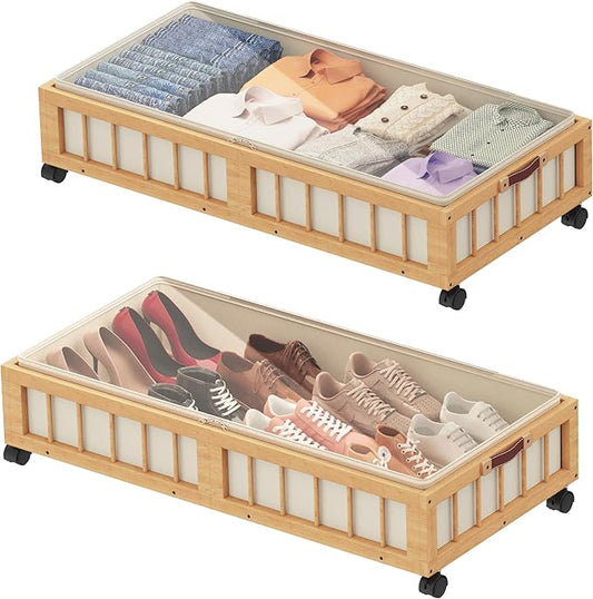 2-Pack Bamboo Under Bed Storage with Wheels, Nature