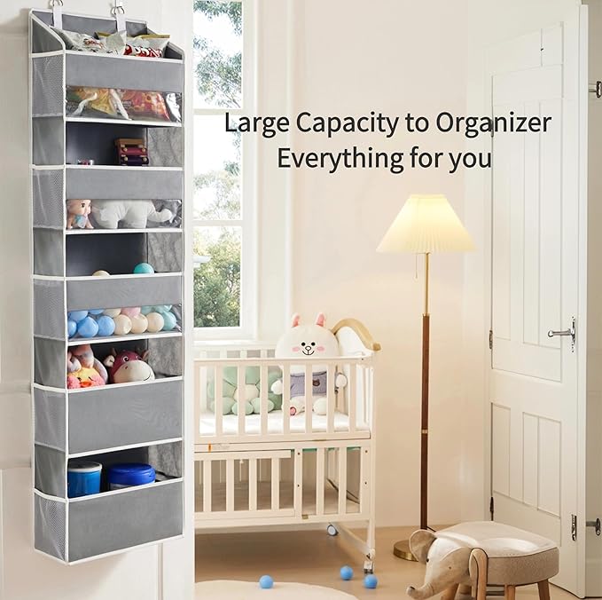 5 Tiers Over The Door Organizer Hanging - EXTRA THICK & 50lbs HUGE CAPACITY, 10 Side Mesh Pockets Over The Door Shoe Organizer, for Closet, Diaper Organizer, Bedroom, Bathroom,Nursery (Grey, 1pc)