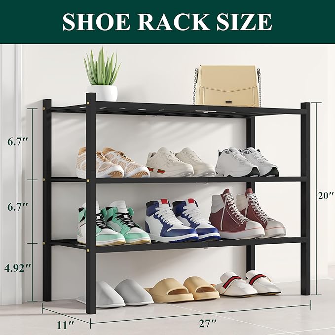 Smiry Bamboo Shoe Rack, 3 Tier Free Standing Wooden Shoe Organizer, Stackable Wood Shoe Storage Shelf for Closet, Entryway, 12 Vertical Slats, 2+1 Stack Standard Legs, 26.8"x11"x19.5", Black