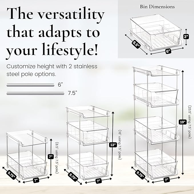 3-Pack Clear Bathroom Organizer Under Sink – 3-Tier Slide-Out Drawer Storage Shelf for Toiletries, Makeup, Hair Products | Compact Acrylic Under Sink Organizer for Bathroom Cabinet Organization