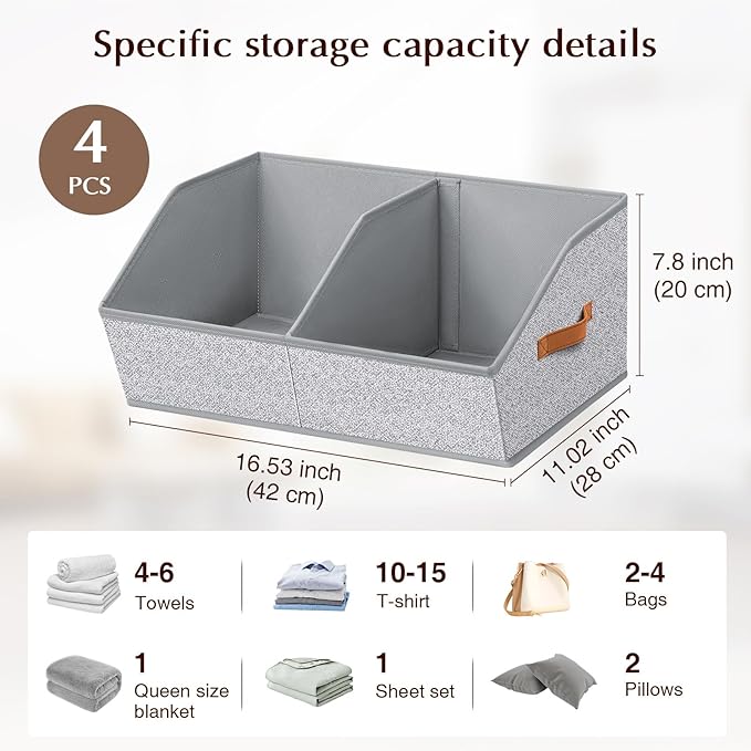 Homsorout Closet Organizers and Storage Bins - 4 Pack Collapsible Divided Trapezoidal Cube Storage Bins Baskets with Orange Handle for Organizing Clothes Blankets, Toys, Books, Towels(Ant Gray)